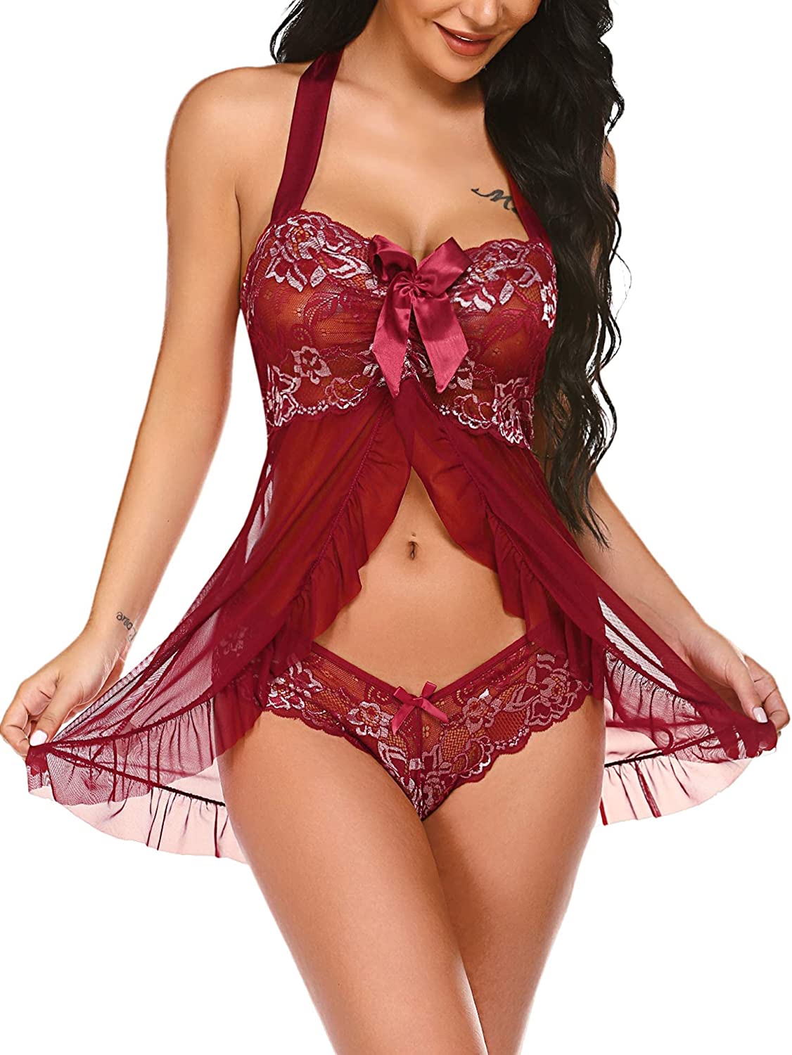 Avidlove Babydoll-Dessous für Neckholder-Chemise, vorne offen, Dessous, Nachtwäsche 