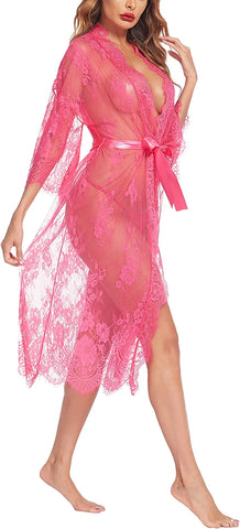 Avidlove Lange Spitzen-Dessous Kimono Robe Transparentes Babydoll-Nachthemd 