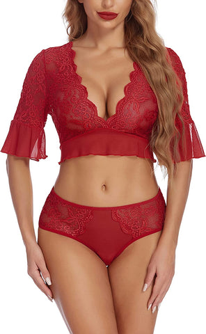 Avidlove Dessous-Set aus Spitze, 2-teilig, Teddy-Babydoll, Body mit Rüschenbesatz 