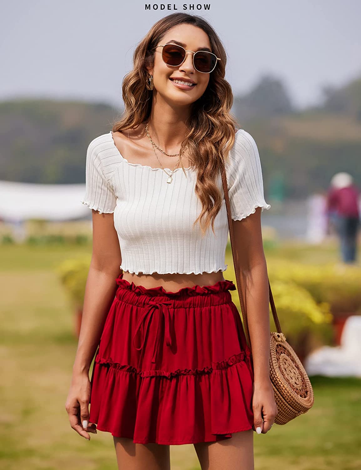 Falda corta con volantes y cintura alta de verano de Avidlove, minifaldas playeras de corte A con cordón 