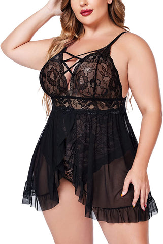 Avidlove Dessous in Übergröße, Babydoll mit Druckknopfverschluss im Schritt, Spitzenhemd, kurvig, Riemchen, Rüschen, L–4XL 