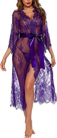 Avidlove Lange Spitzen-Dessous Kimono Robe Transparentes Babydoll-Nachthemd 