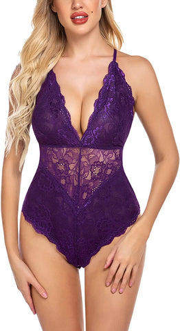 Avidlove Snap Crotch Lingerie Lace Bodysuit Deep V Teddy One Piece Lace Babydoll