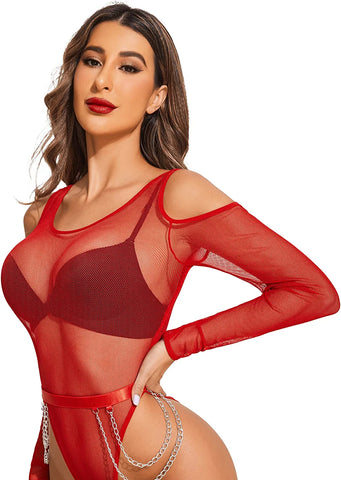 Avidlove Bodysuit für Netzoberteile, kalte Schultern, langärmelige Hemden, Taillenketten, Druckknopf-Schritt, Teddy-Dessous 