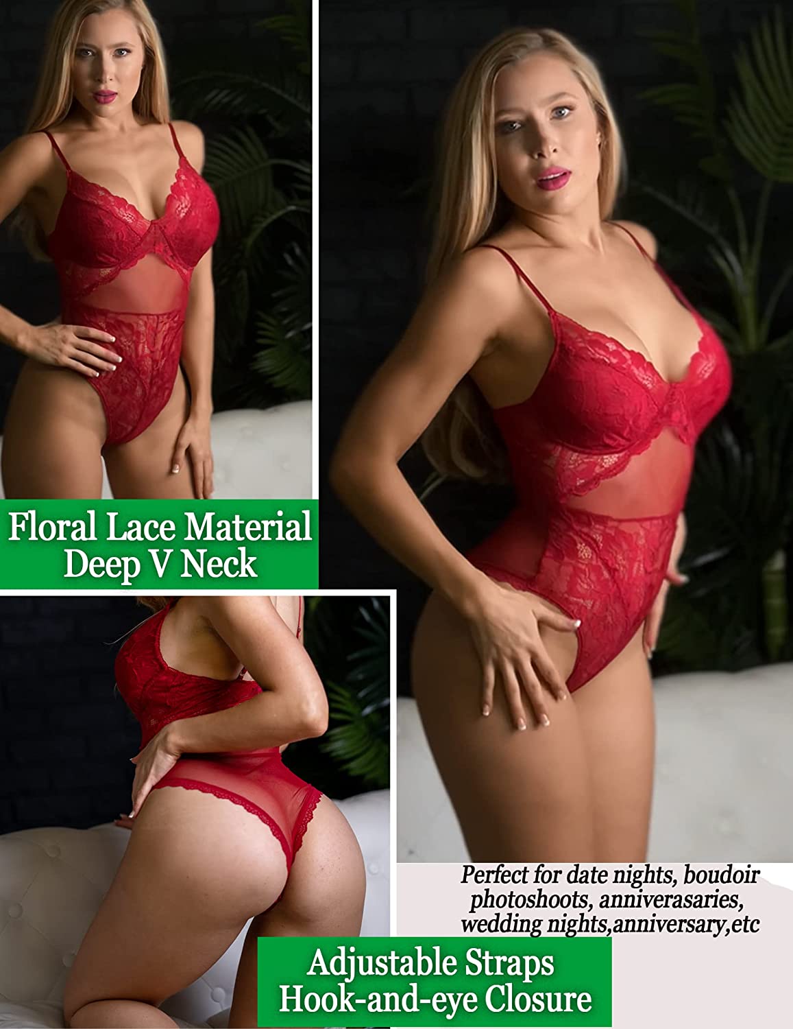 Avidlove Bodysuit mit Druckknopfverschluss im Schritt, Spitzen-Teddy-Dessous, einteilig, Dessous für Damen 