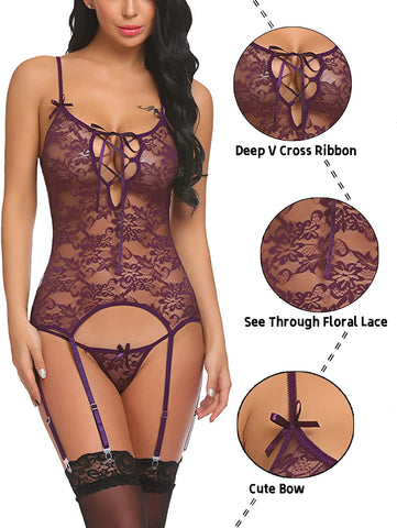 Conjunto de lencería babydoll con encaje y liguero de Avidlove 