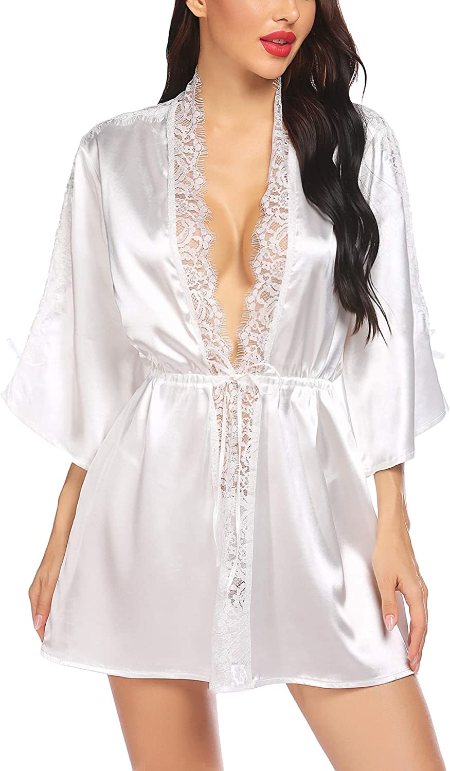 Dessous-Robe Satin Kurzer Kimono Brautjungfern Spitzenroben Nachtwäsche Loungewear 