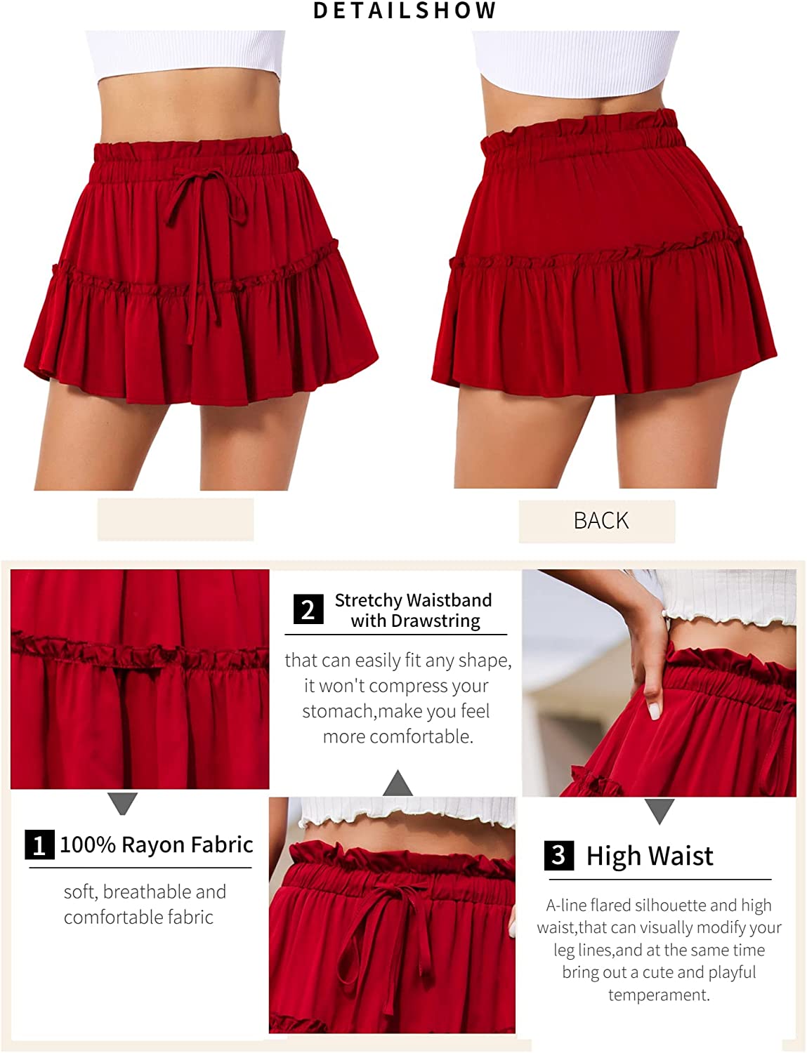 Avidlove Summer High Waist Ruffle Short Skirt A-Line Beach Mini Skirts with Drawstring