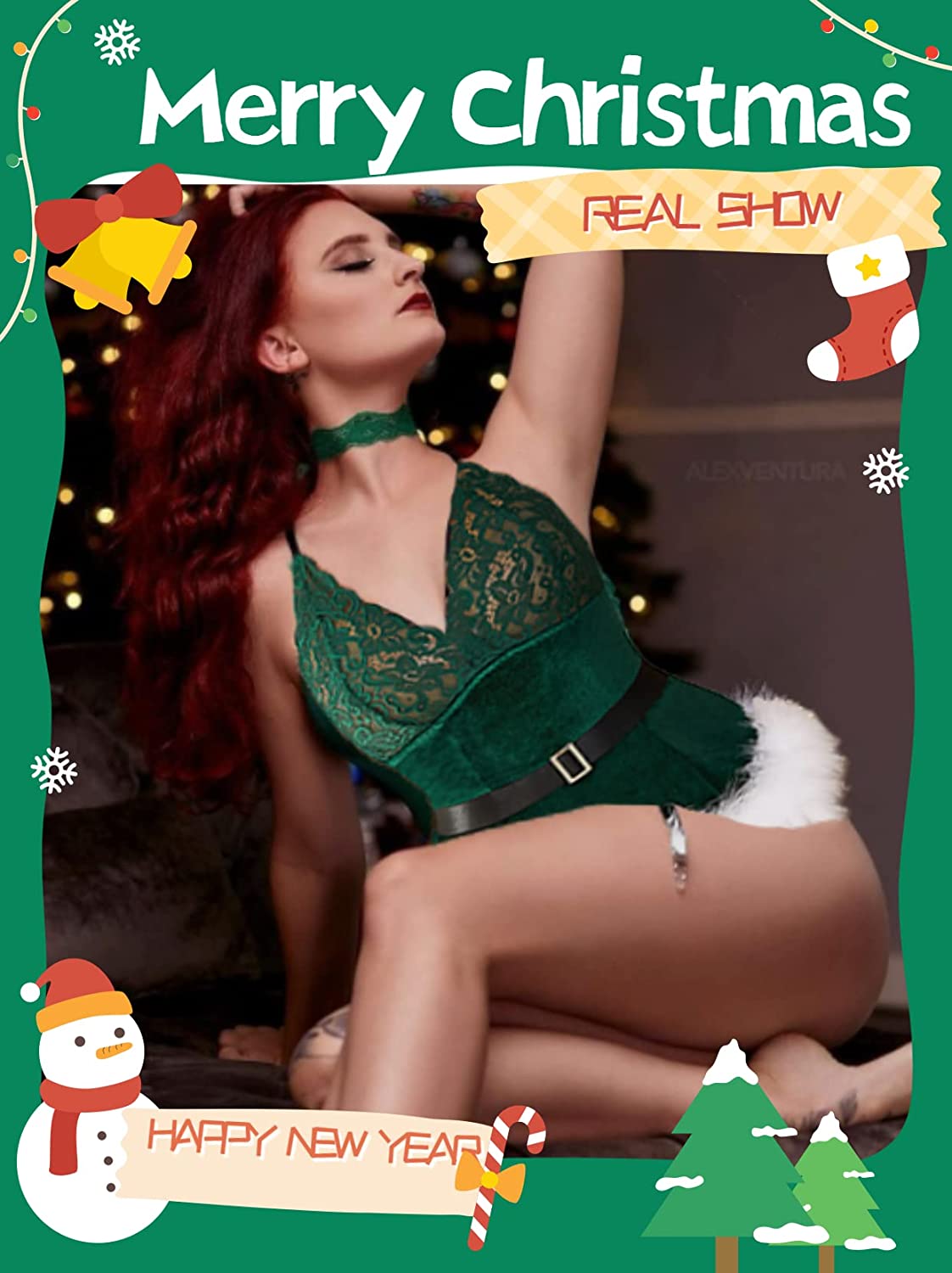 Avidlove Weihnachts-Dessous-Sets, Strumpfband-Bustier-Set, Weihnachtsmann-Babydoll, Bodysuits, Spitzenhemd (ohne Strümpfe), S-XXL 