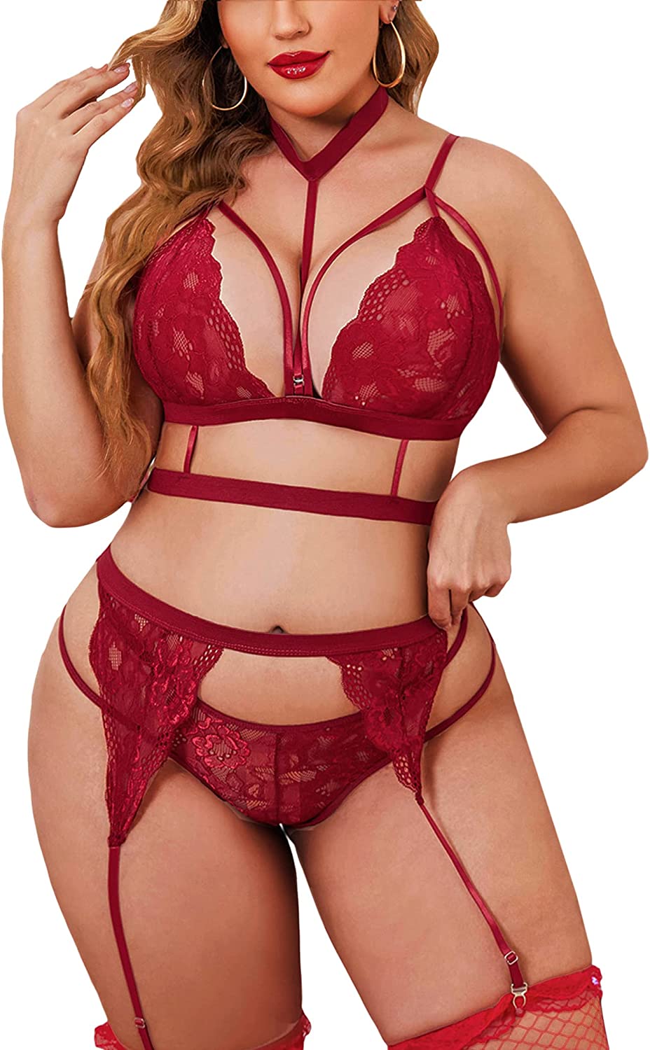 Avidlove Strumpfband-Dessous-Set mit Choker, Riemchen-BH und Höschen-Set, Teddy-Babydoll-Bodysuit (ohne Strümpfe) 