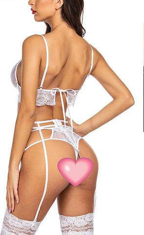 Avidlove Strumpfband-Dessous-Set, Wimpernspitze, Riemchen-BH und Höschen, 3-teiliges Boudoir-Outfit 