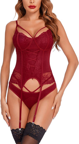 Avidlove Dessous-Set für Spitzen-Teddy-Bodysuit mit Strumpfhalter, Babydoll, Chemise, ohne Strümpfe