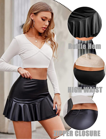 Avidlove Leather Mini Skirt Pleated Skirt High Waist Ruffled Short Skirts Mini Lingerie Skirt with Zipper