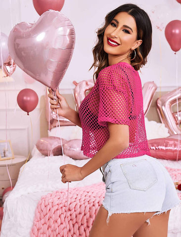 Avidlove Sheer Fishnet Top Short Sleeves Net T Shirts Crop Top