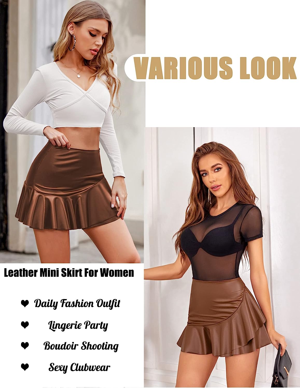 Avidlove Leather Mini Skirt Pleated Skirt High Waist Ruffled Short Skirts Mini Lingerie Skirt with Zipper