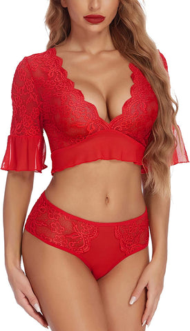 Avidlove Dessous-Set aus Spitze, 2-teilig, Teddy-Babydoll, Body mit Rüschenbesatz 