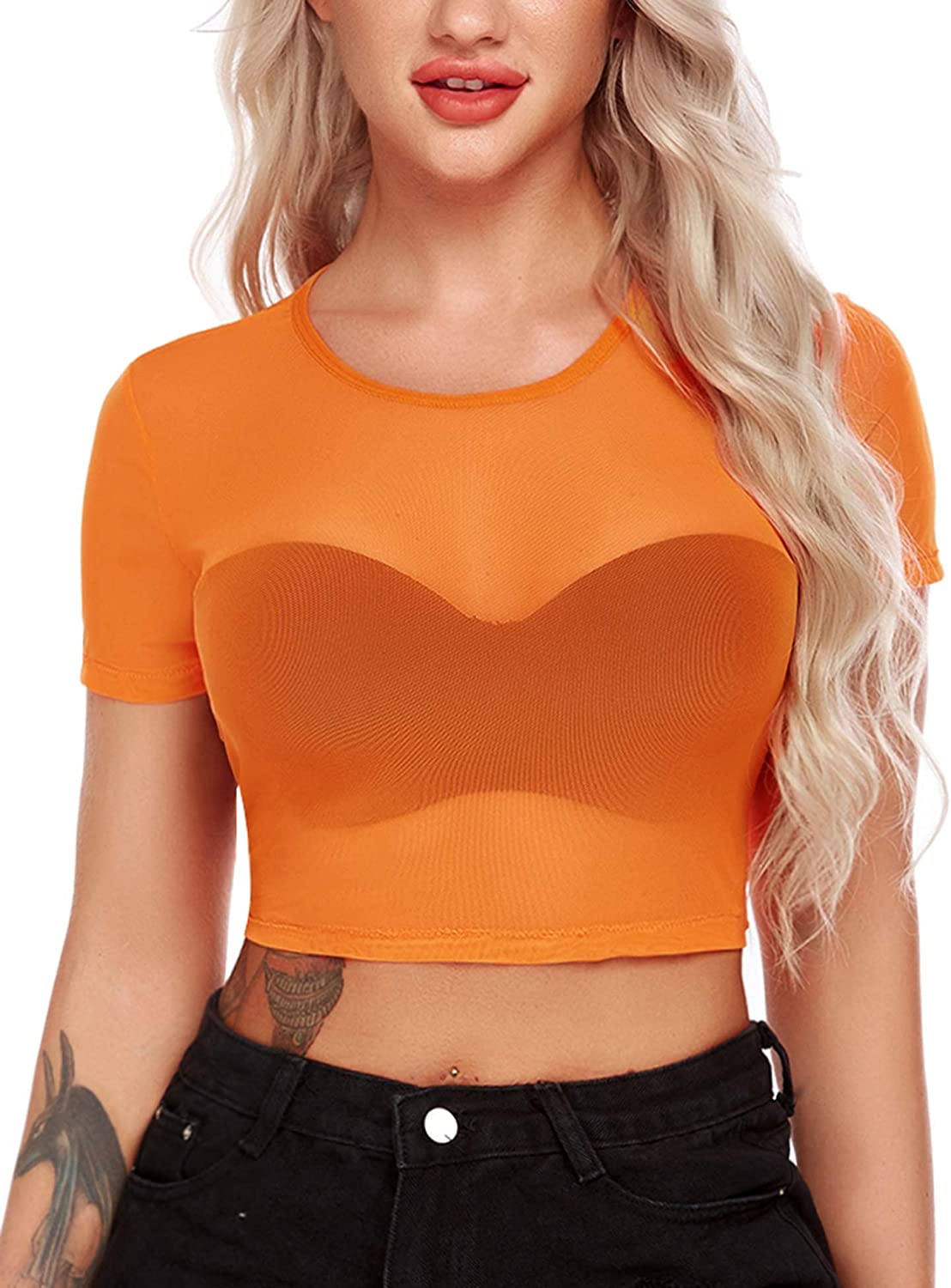 Top corto de malla Avidlove para camisetas ajustadas de manga corta, blusa transparente, cuello redondo, ropa de club 