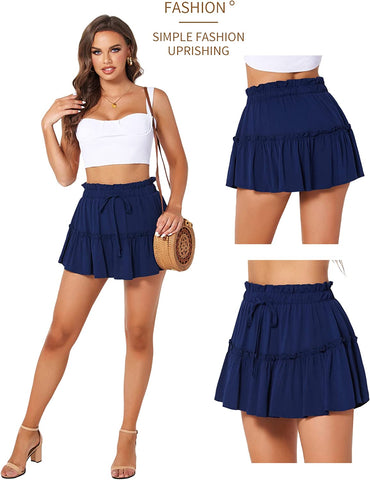 Avidlove Summer High Waist Ruffle Short Skirt A-Line Beach Mini Skirts with Drawstring