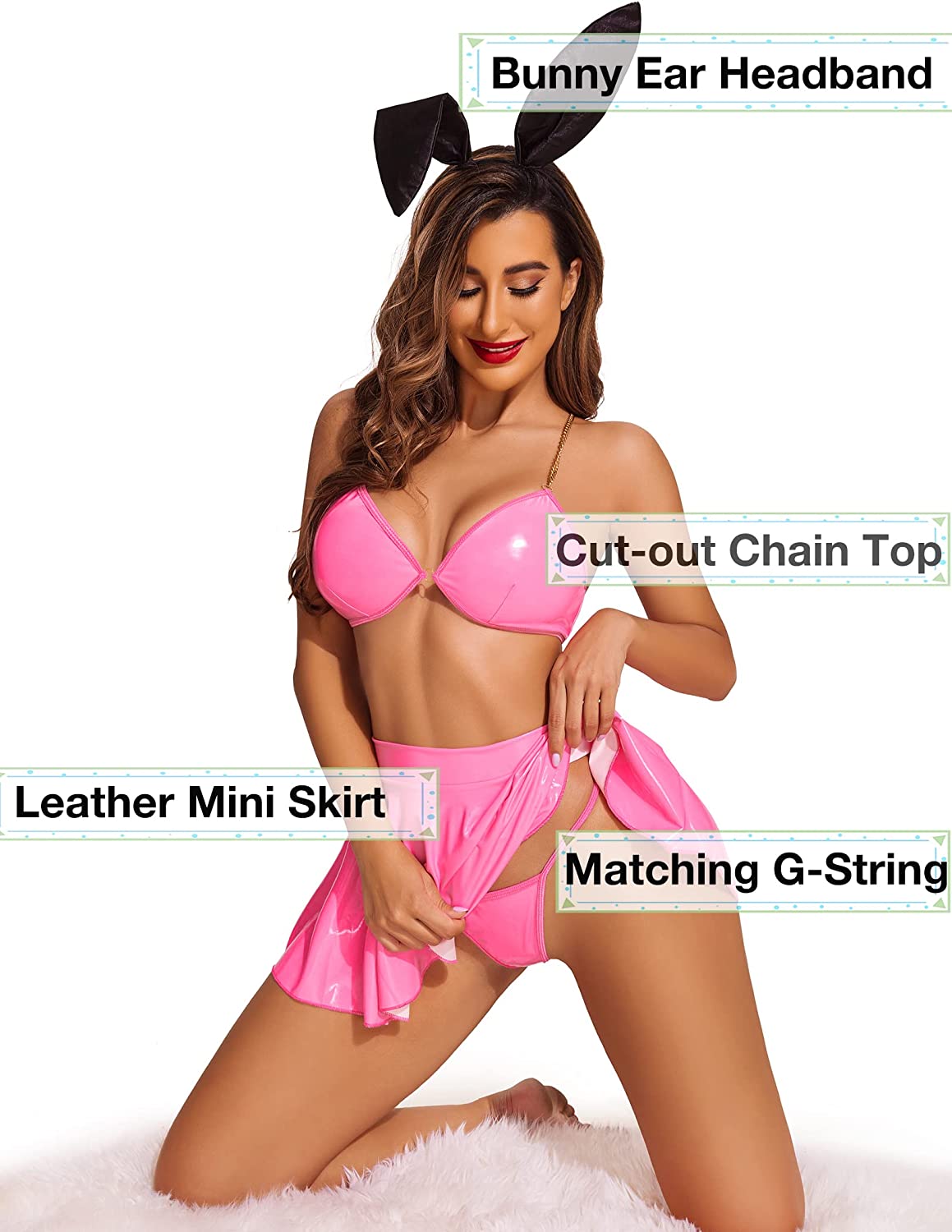 Avidlove Bunny Dessous Cosplay Kostüm Leder 4er-Pack Ring Kette verbunden Cut-out Halloween Outfit Set 