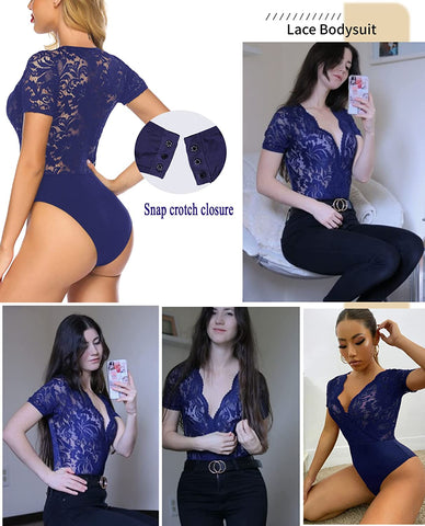 Avidlove Spitzen-Bodysuit mit kurzen Ärmeln, tiefer V-Ausschnitt, Druckknopfverschluss im Schritt, Clubwear-Oberteile, S-XXL