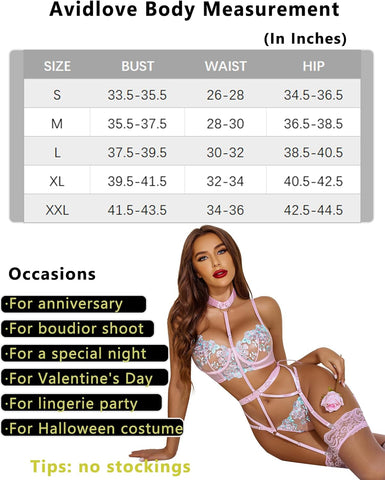 Avidlove Lingerie für bestickte Spitzen-Bügel-Riemchen-BH und Höschen-Set mit abnehmbarem Strumpfband 