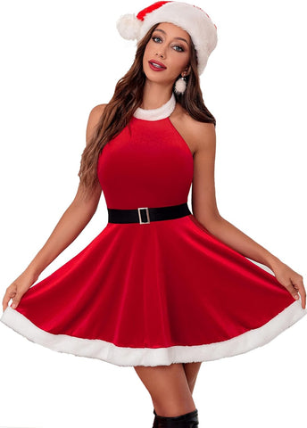 Avidlove Neckholder-Minikleid Weihnachtskleid A-Linie Samt Partykleid Weihnachtsmannkleid 