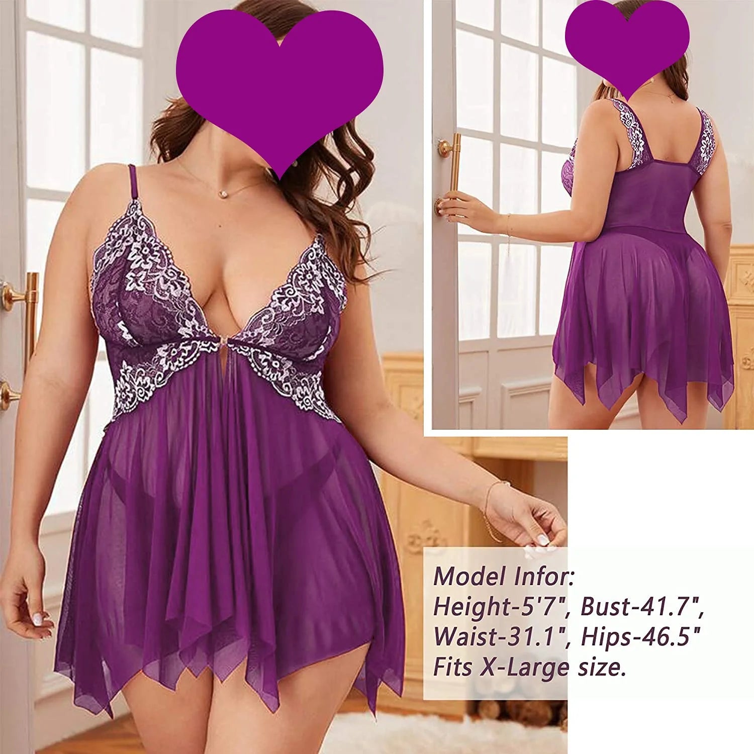 Avidlove Spitzen-Dessous, Frontverschluss, Babydoll, V-Ausschnitt, Nachtwäsche, Chemise, Nachthemd