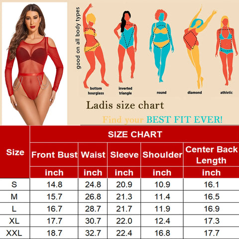 Avidlove Bodysuit for Mesh Tops Cold Shoulder Long Sleeve Shirts Waist Chains Snap Crotch Teddy Lingerie