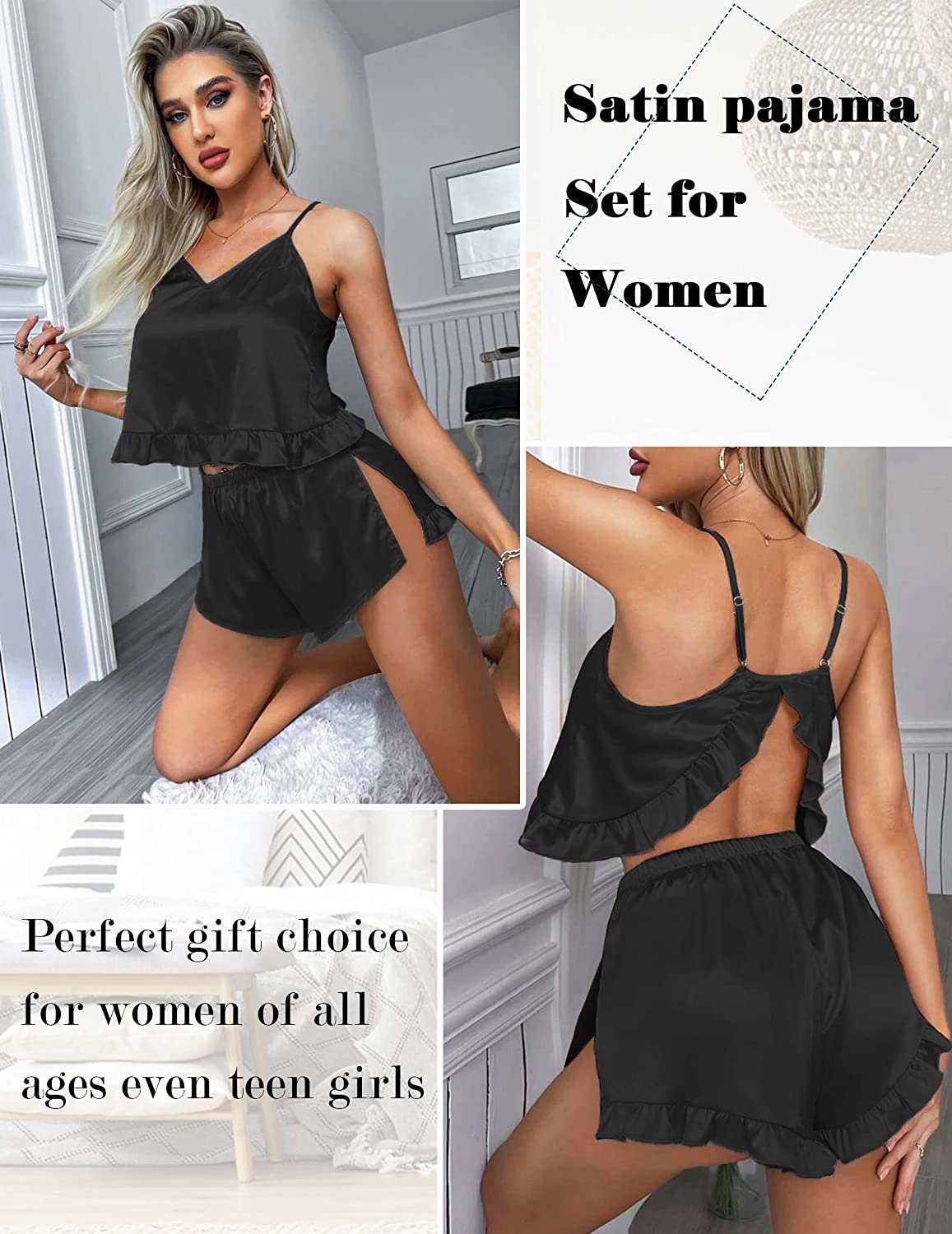 Avidlove Seiden-Pyjama-Set für V-Ausschnitt, gerüschte Satin-Nachtwäsche, solides 2-teiliges Cami-Shorts-Set 