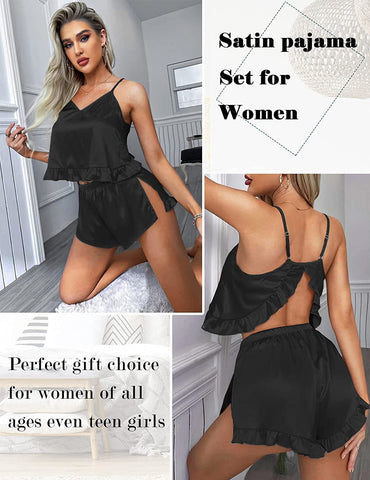 Avidlove Silk Pajama Set for V-Neck Ruffled Satin Sleepwear Solid 2 Piece Cami Shorts Set