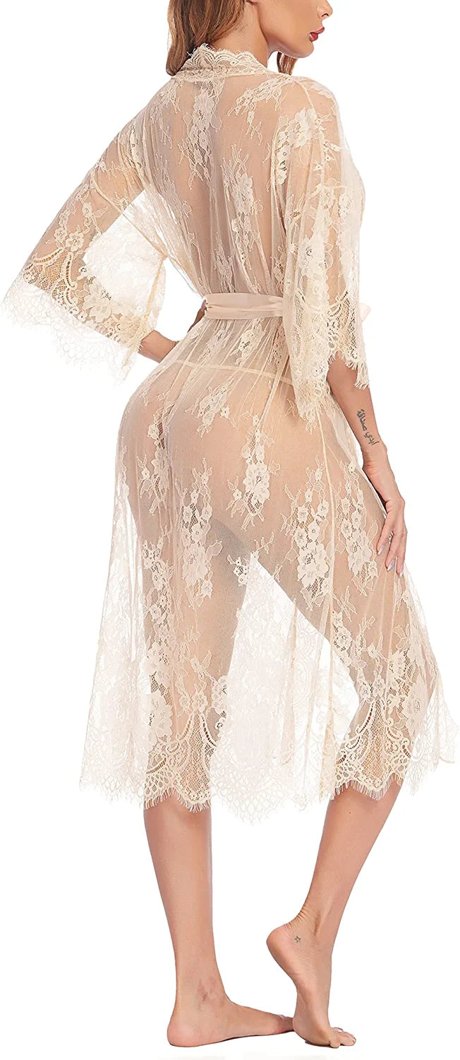 Avidlove Long Lace Lingerie Kimono Robe Sheer Babydoll Nightgown Nightdress