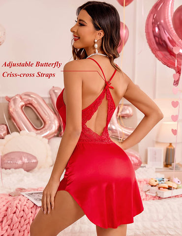 Avidlove Dessous für Satin-Spitzen-Chemise-Nachthemd Seide Babydoll Nachtwäsche Kleid