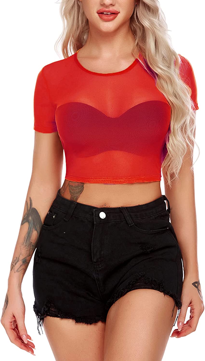 Top corto de malla Avidlove para camisetas ajustadas de manga corta, blusa transparente, cuello redondo, ropa de club 