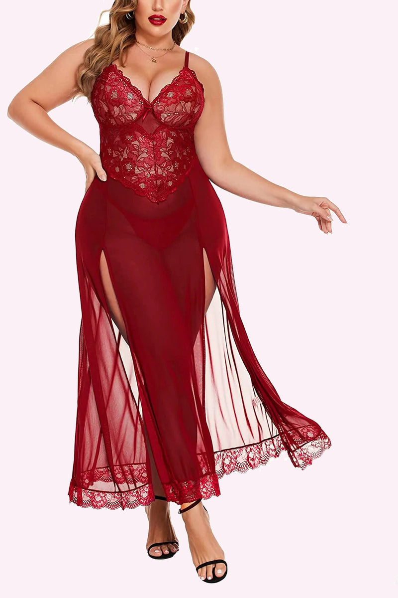 Avidlove Dessous in Übergröße für Babydoll, Netzstoff, Maxi-Nachthemd mit Riemchen, exotische Nachtwäsche, Seitenschlitze 