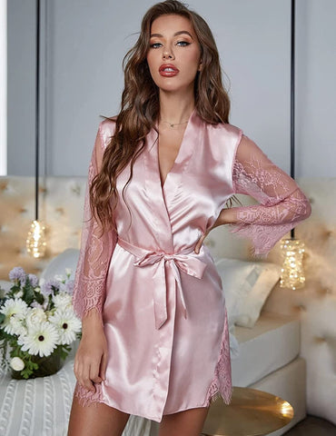 Avidlove Satin Kimono Robes Silk Nightgowns Lace Sleeve Babydoll Lingerie Set