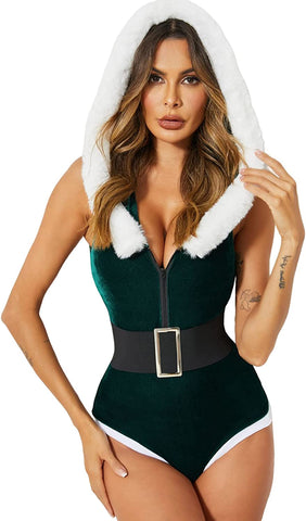 Avidlove Christmas Lingerie Snap Crotch Teddy Hooded Bodysuit Santa Bodysuit With Belt