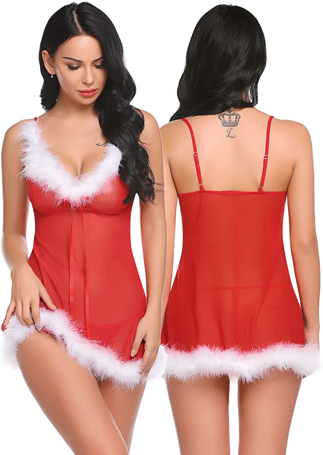 Avidlove Weihnachts-Dessous, Weihnachtsmann-Kleid, rotes Babydoll, Spitzenhemd 