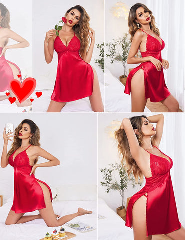 Avidlove Dessous für Satin-Nachthemd, Spitze, Babydoll, Seide, Nachtwäsche, Mini-Nachthemd, Seitenschlitz 