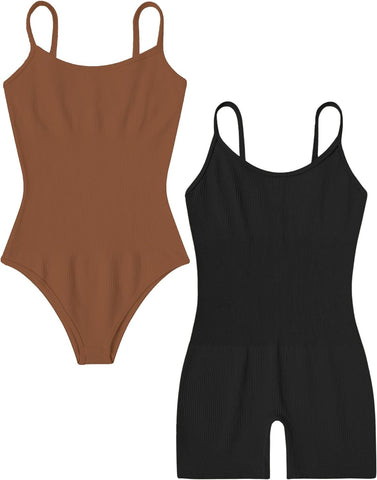 Avidlove 2-teiliger Bodysuit für gerippten Shapewear-Bodysuit, Bauchkontrolle, Spaghettiträger, Yoga-Strampler 