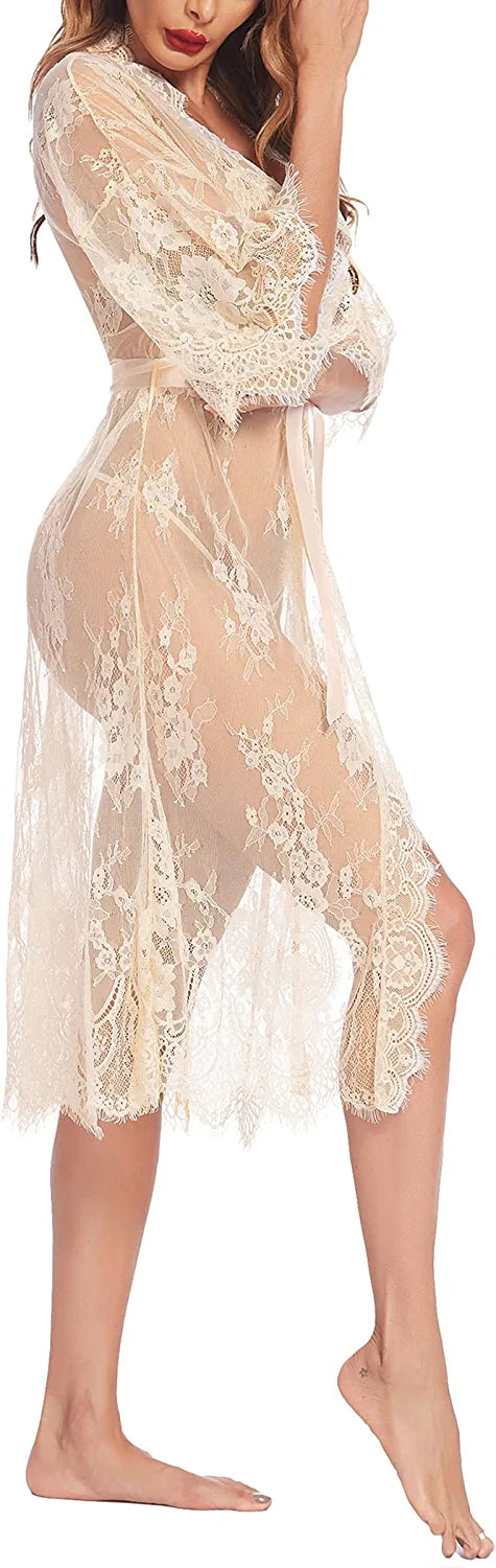 Avidlove Lange Spitzen-Dessous Kimono Robe Transparentes Babydoll-Nachthemd 