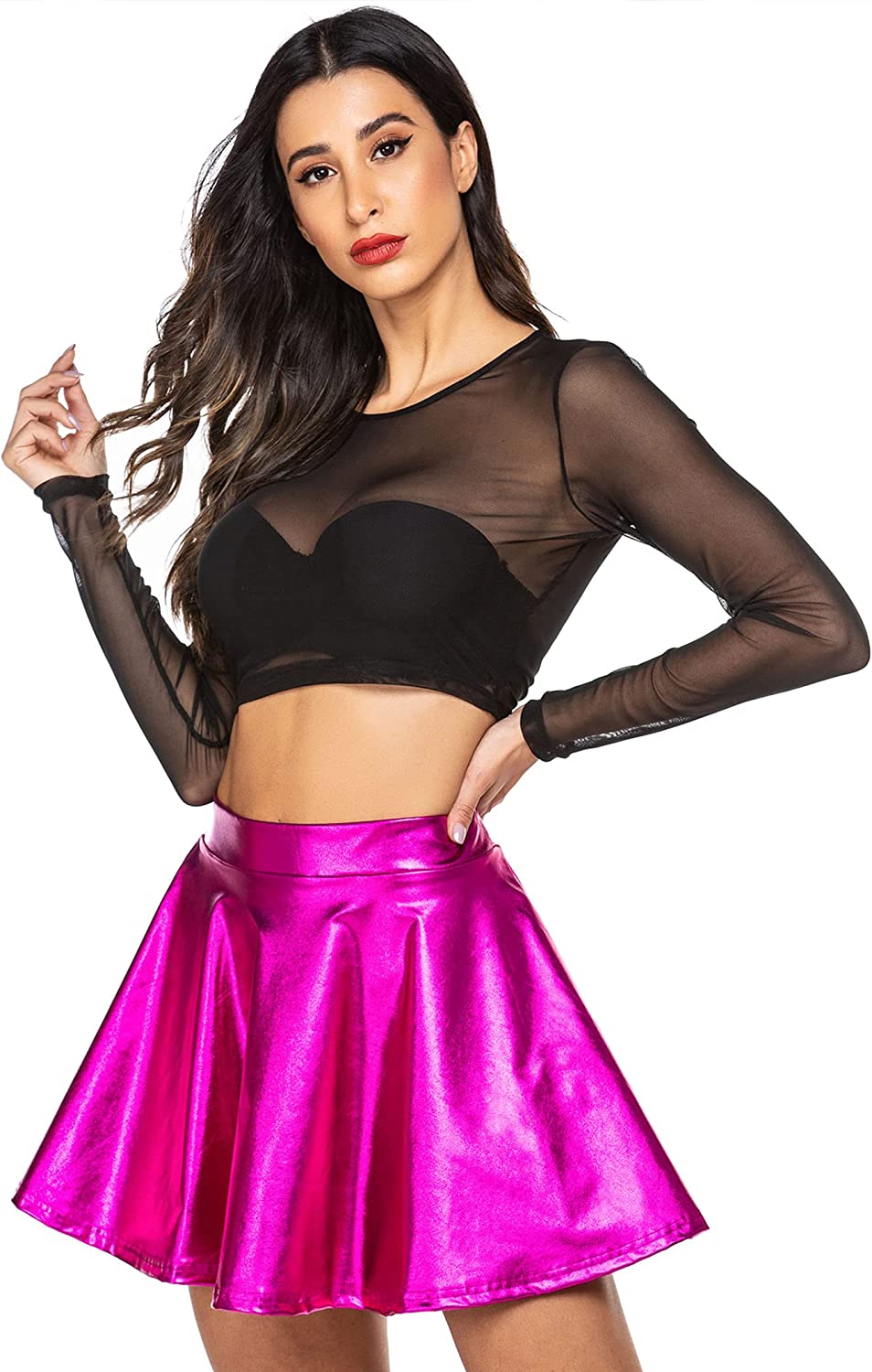 Avidlove Metallic Skirt for High Waisted Skirt Shiny Stretchy Mini A-Line Flared Skater Skirt S-XXL