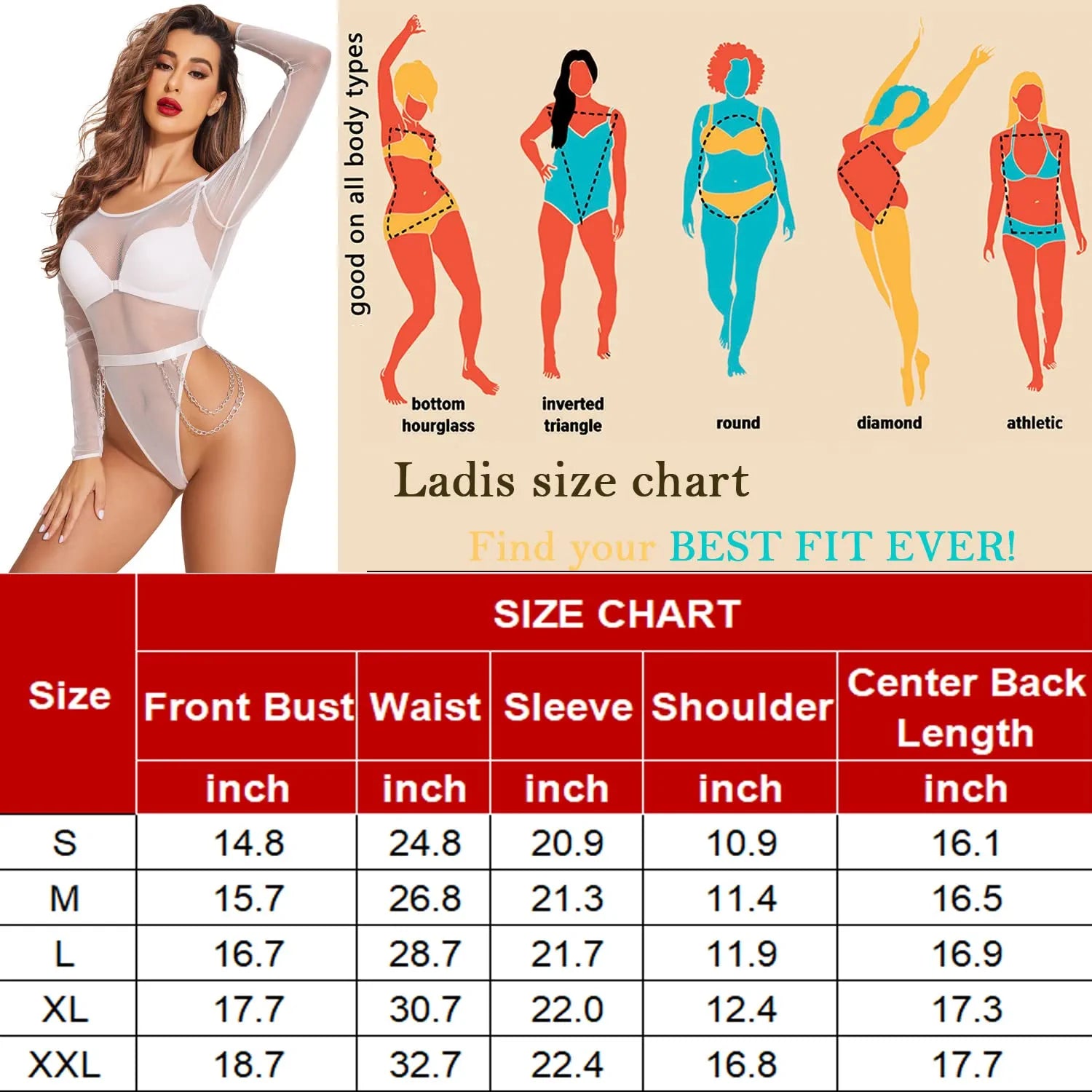 Avidlove Bodysuit für Netzoberteile, kalte Schultern, langärmelige Hemden, Taillenketten, Druckknopf-Schritt, Teddy-Dessous 