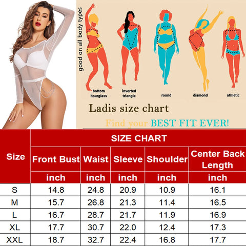 Avidlove Bodysuit für Netzoberteile, kalte Schultern, langärmelige Hemden, Taillenketten, Druckknopf-Schritt, Teddy-Dessous 