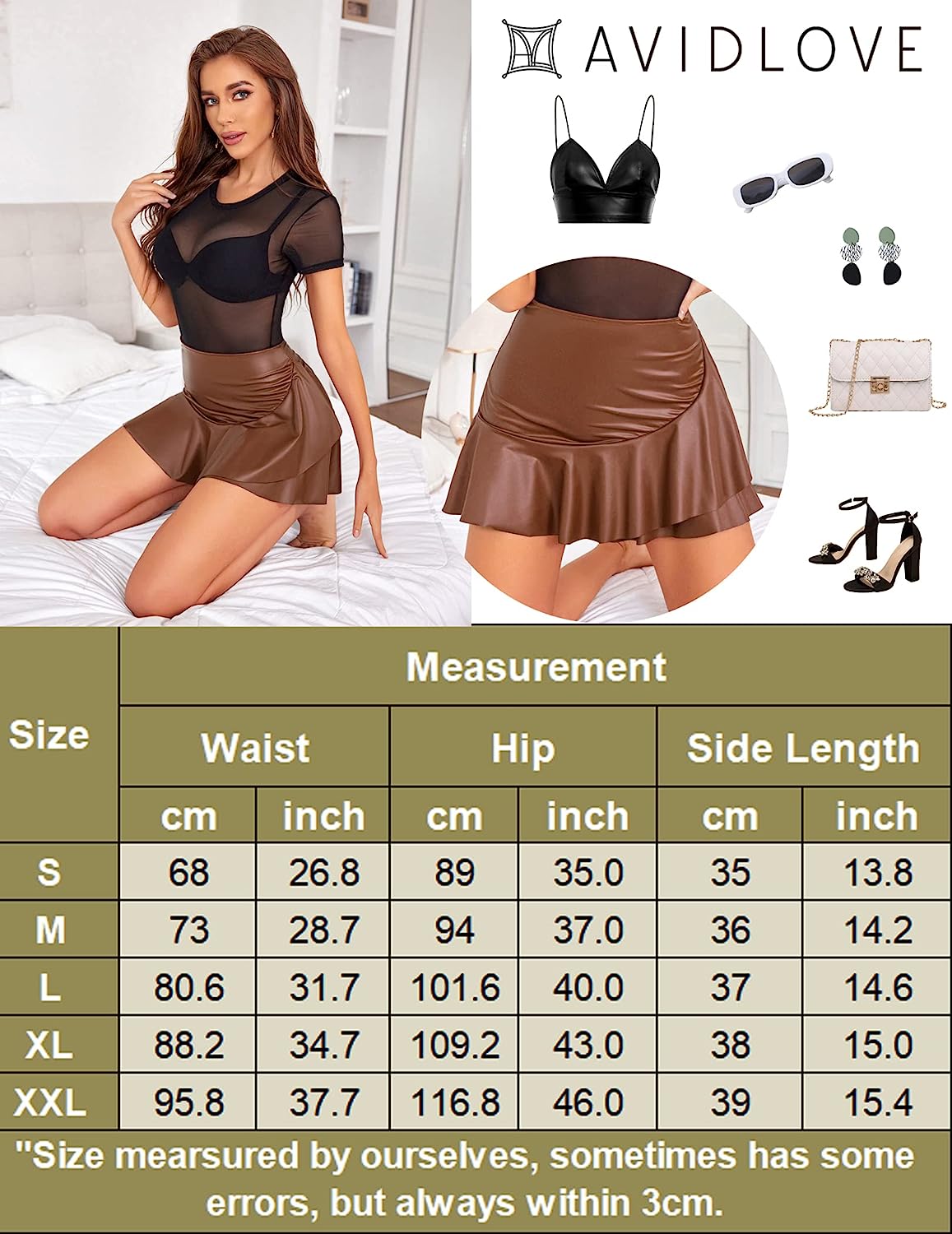 Avidlove Leather Mini Skirt Pleated Skirt High Waist Ruffled Short Skirts Mini Lingerie Skirt with Zipper