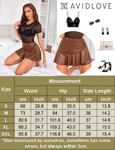 Avidlove Leather Mini Skirt Pleated Skirt High Waist Ruffled Short Skirts Mini Lingerie Skirt with Zipper