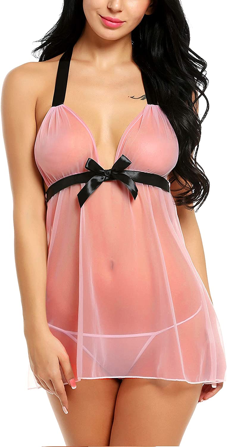 Avidlove Dessous für Spitzen-Babydoll, Chemise, Negligés, exotische Nachthemden, Neckholder-Nachthemden, transparentes Netzstoff