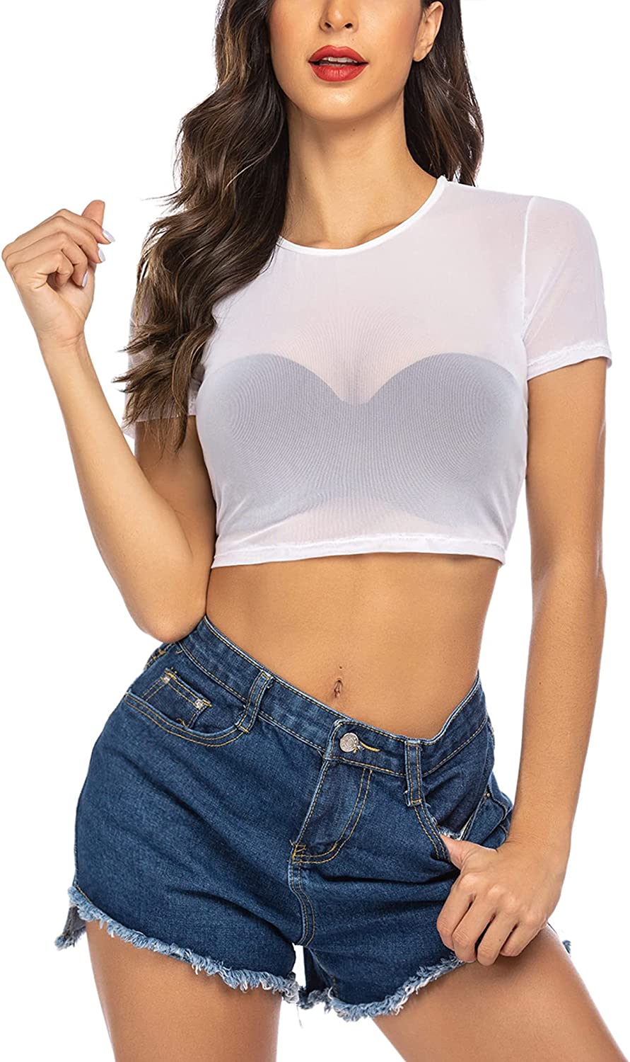 Avidlove Mesh-Crop-Top für kurzärmlige, figurbetonte T-Shirts, durchsichtige Bluse mit Rundhalsausschnitt, Clubwear 