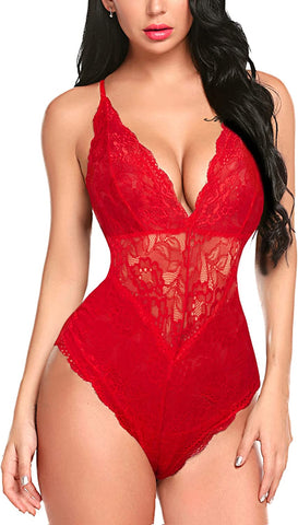 Avidlove Dessous mit Druckknopfverschluss im Schritt, Spitzen-Bodysuit, tiefer V-Ausschnitt, Teddy, einteilig, Spitzen-Babydoll 