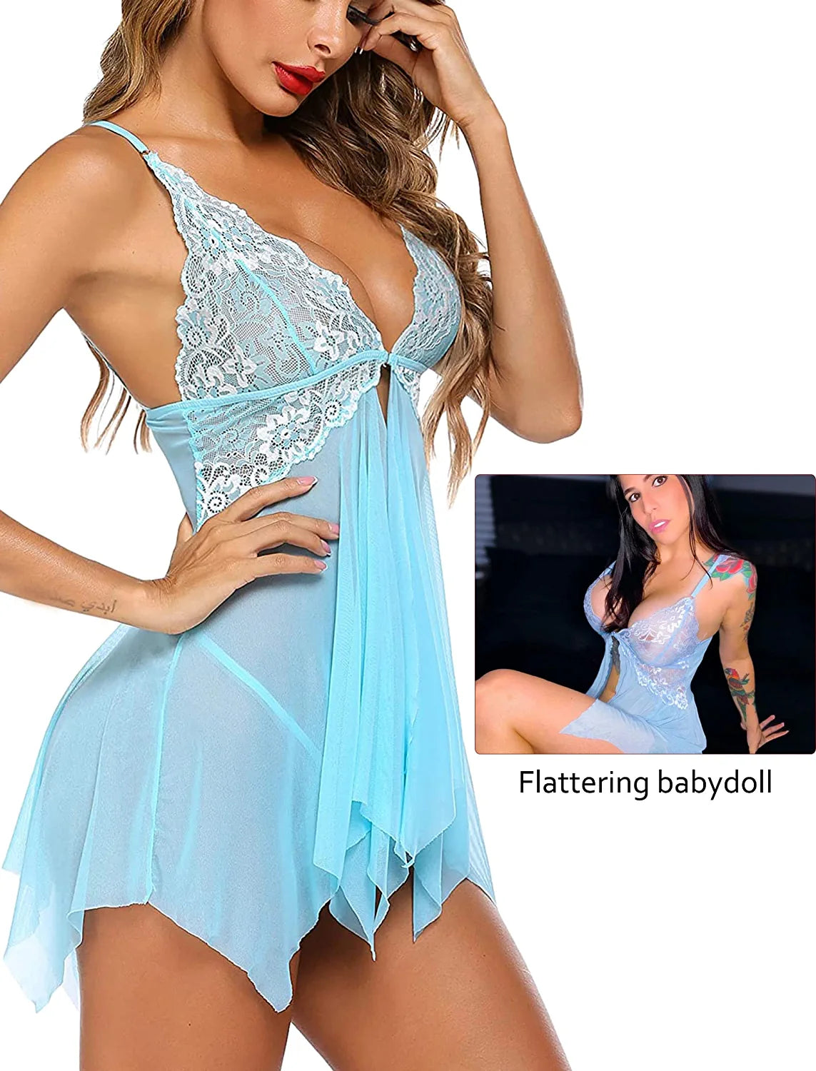 Avidlove Spitzen-Dessous, Frontverschluss, Babydoll, V-Ausschnitt, Nachtwäsche, Chemise, Nachthemd