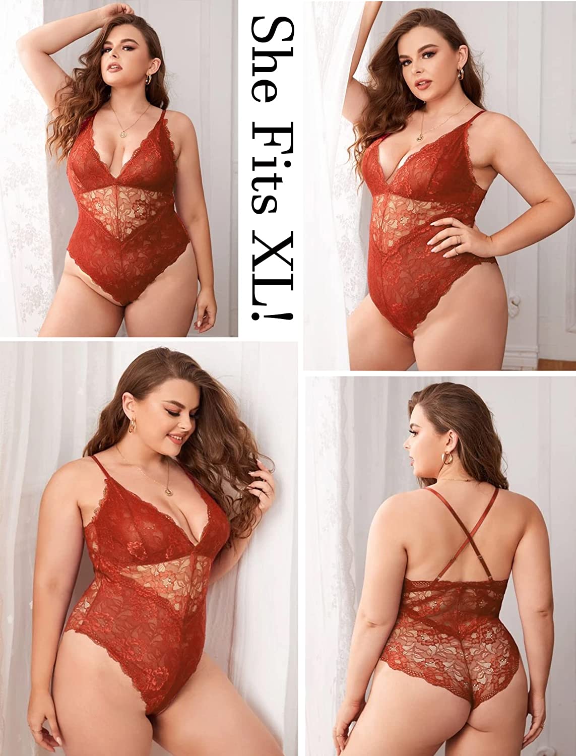 Avidlove Dessous mit Druckknopfverschluss im Schritt, Spitzen-Bodysuit, tiefer V-Ausschnitt, Teddy, einteilig, Spitzen-Babydoll 